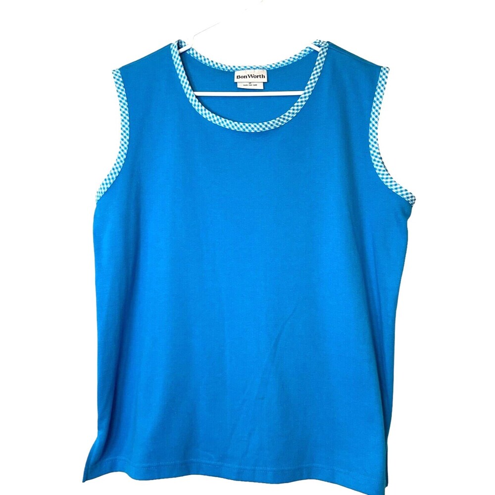 BonWorth Tank Top Womens Gingham Neck Arm Slit Sides M Petite Grandma Beachy
